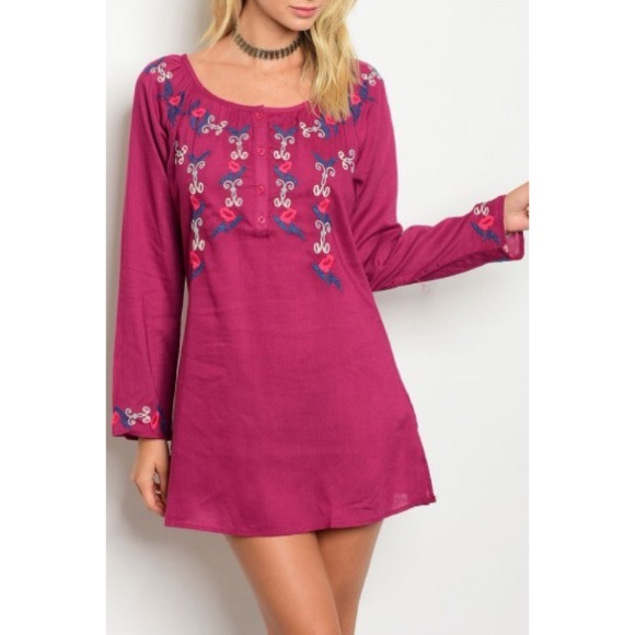 Dresses & Skirts - *CLEARANCE* Linen Embroidery Plum Wine Tunic